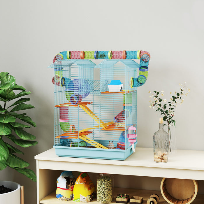 Cage Pour Hamster Pawhut 47 Cm, Maisonnette A 5 Niveaux Pour Petits Animaux Avec Systeme De Tunnel, Roue D'exercice, Bouteille D'eau, Bol, Rampe, Bleu Pale