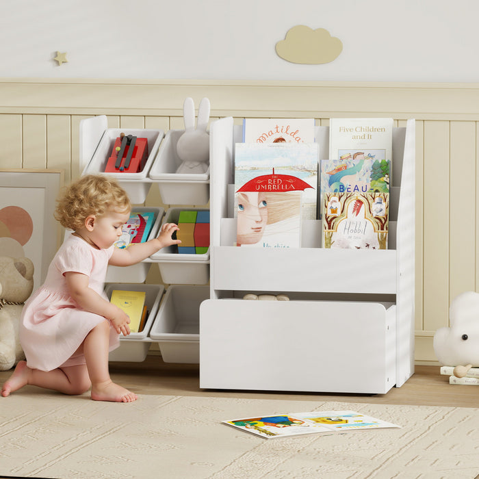 Qaba Etagere et Rangement de Jouets pour Enfants, Bibliotheque a 3 Niveaux avec 6 Bacs Amovibles, Organisateur de Jouets Montessori pour Chambre d'Enfants, Blanc