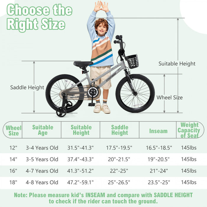 Velo Costway 18\" Pour Enfants Avec Roues D'entrainement Guidon Reglable Et Sliver De Frein A Main Du Siege
