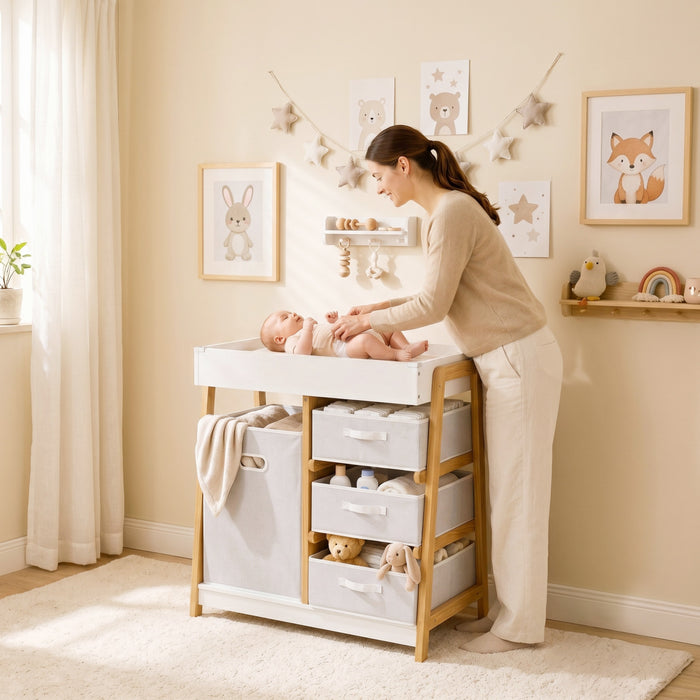 Qaba Table a Langer Bebe avec Matelas Impermeable, 3 Tiroirs et Grand Panier