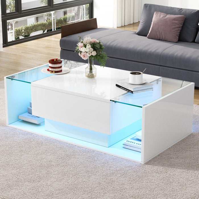 Evan table basse – table avec eclairage LED et plateau en verre, blanc