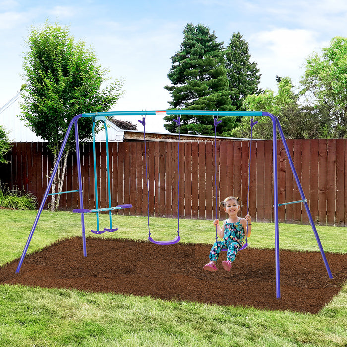Portique Outsunny pour enfants, avec planeur, 2 sieges de balancoire, support en metal robuste en forme de A, aire de jeux d'exterieur avec corde reglable, pour enfants de 3 ans et plus, violet