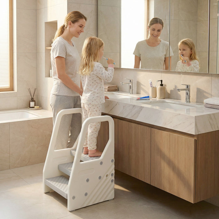 Qaba Marchepied reglable en hauteur pour tout-petit avec poignee, gris
