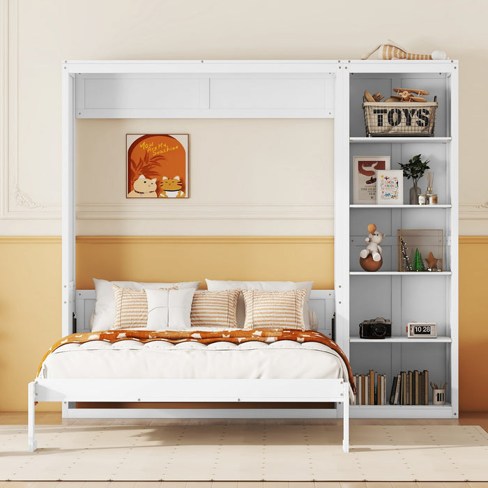 Lit Escamotable Double Jocelyn Gain De Place Avec Etageres, Blanc