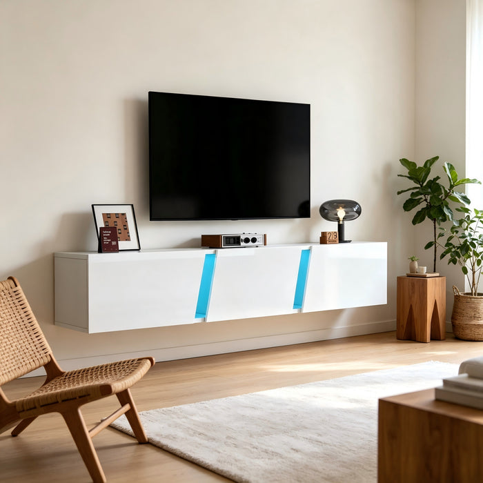 Lumina Meuble TV Mural 64.9 po avec Lumieres LED et Portes Acryliques, Blanc