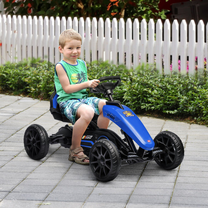 Aosom Kart A Pedales Pour Enfants, Voiture A Pedales Avec Essieu Pivotant, Siege Reglable, Frein A Main, 4 Roues Eva, Course A Pied En Interieur, Pour 3 A 8 Ans, Bleu