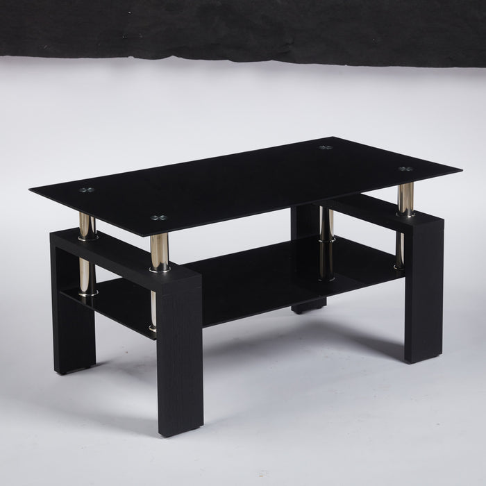 Table basse moderne Lucius au design geometrique en verre trempe avec cadre en metal et verre transparent, noir