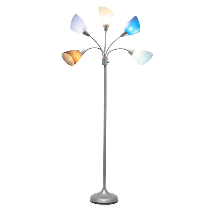 Skye Lampadaire a 5 lumieres avec cols de cygne reglables, Bleu multicolore, Blanc et Argent, 67 po H