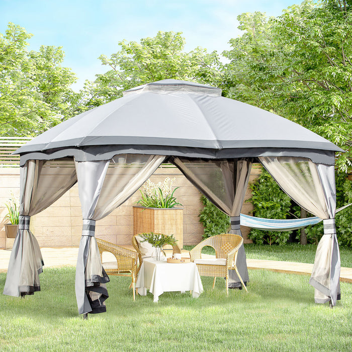 Outsunny 12 'x 10' Tente D'auvent De Tonnelle Exterieure A 2 Niveaux Pour Terrasse Avec Parois Laterales En Maille Zippee, Cadre En Acier Massif, Toit Arque, Gris