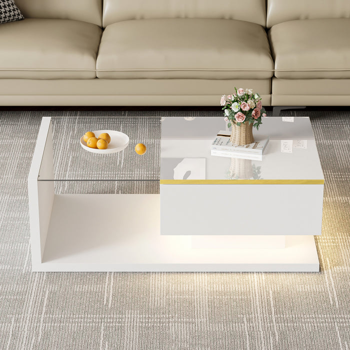 Maxwell Table Basse Haute Brillance de 39,4\" avec Verre et Effet LED, Blanc