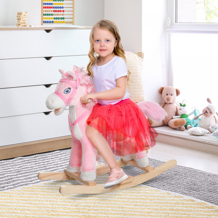 Qaba Kids Cheval A Bascule En Peluche Jouet A Bascule Pour Enfant Avec Sons Realistes Rose
