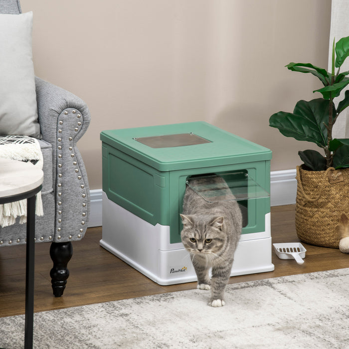 Pawhut Bac A Litiere Pour Chat Entierement Ferme Avec Pelle, Litiere Avec Plateau De Type Tiroir, Pot Pliable Anti-odeur Avec Entree Avant, Sortie Superieure, Toilettes Portables Pour Chat, Vert