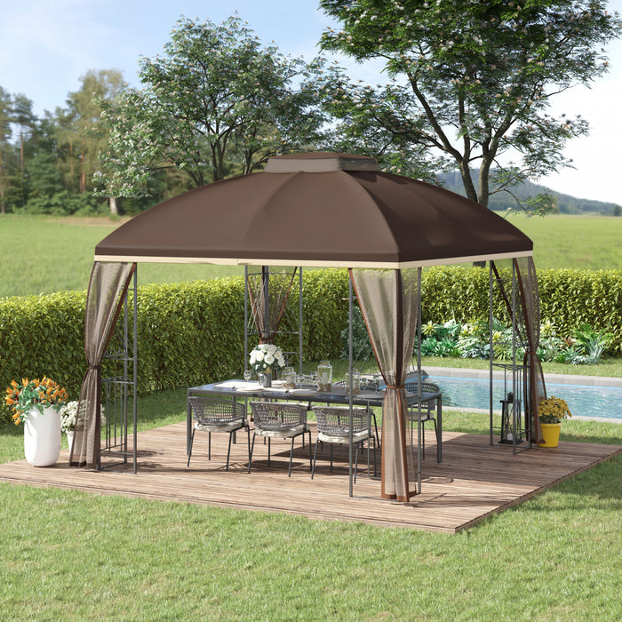 Outsunny 10' X 10' Tonnelle Pavillon Jardin Patio Terrasse Gazebo Exterieur Double Toit Avec Parois Laterales En Maille Amovibles, Etageres, Marron