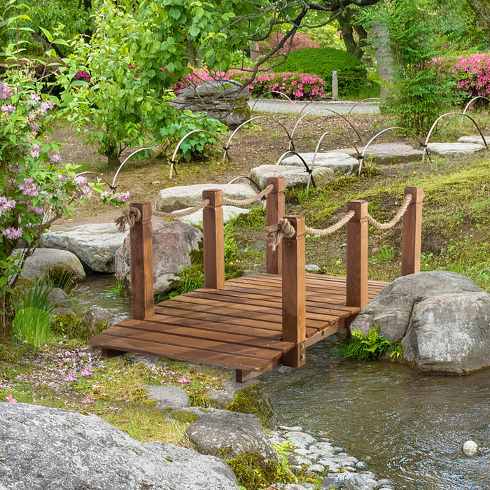 Outsunny 5ft Pont De Jardin En Bois Decoration Exterieure Pont De Bassin Passerelle Corde De Chanvre Inclus Bois De Sapin Orange
