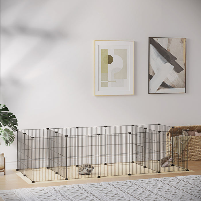 Pawhut Cage Pour Petits Animaux A 18 Panneaux Avec Tapis Resistant A L'eau, Parc Pour Animaux De Compagnie Avec Portes, Cage Pour Cochon D'inde, Cour Metallique Portable Pour Herissons A L'interieur, 69\" X 28\" X 18\"