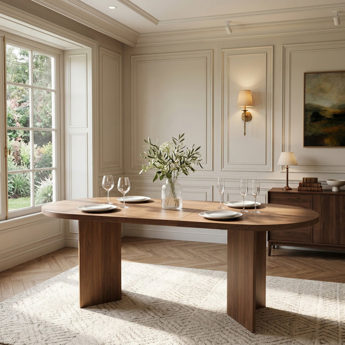 Ovalux Table a Manger Ovale Moderne 79 po avec Base a Double Piedestal et Finition Bois, Noyer