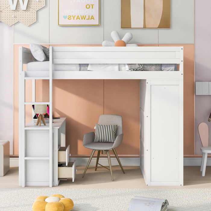 Lit Mezzanine En Bois Massif Jeffrey Avec Armoire, Bureau Et Tiroirs, Blanc