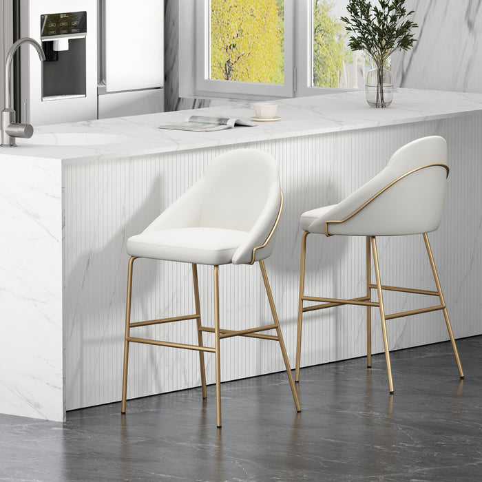 Tabouret de bar moderne en metal Gracie avec revetement, blanc et or - Lot de 2