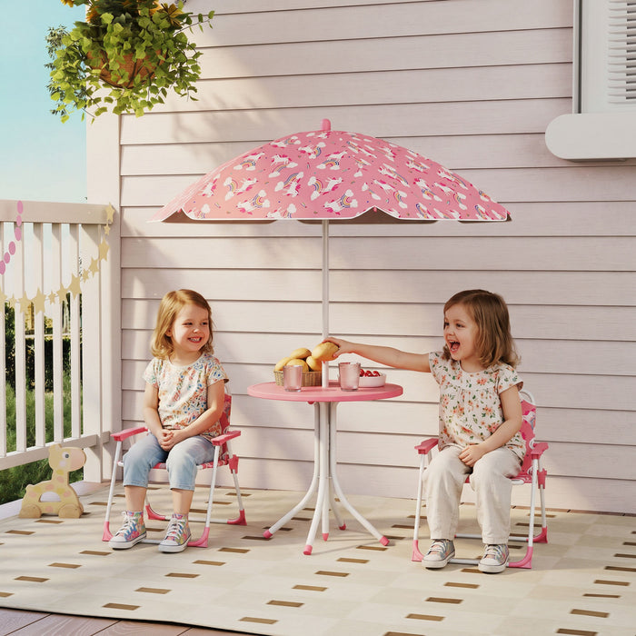 Qaba Table de Pique-Nique pour Enfants 2 Chaises Pliantes et Parasol, Rose