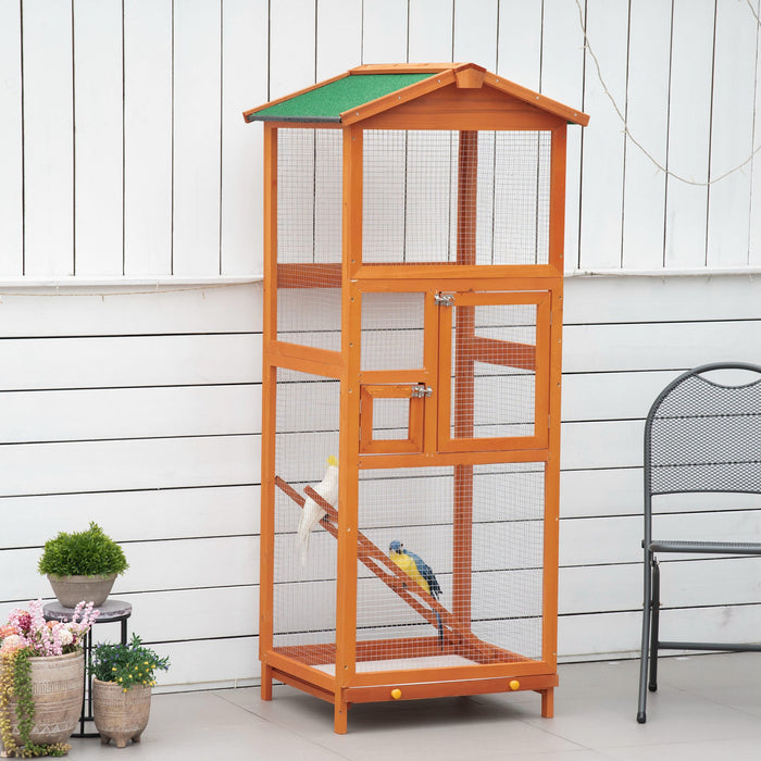 Cage A Oiseaux En Bois Avec Deux Portes Et Echelle, Orange