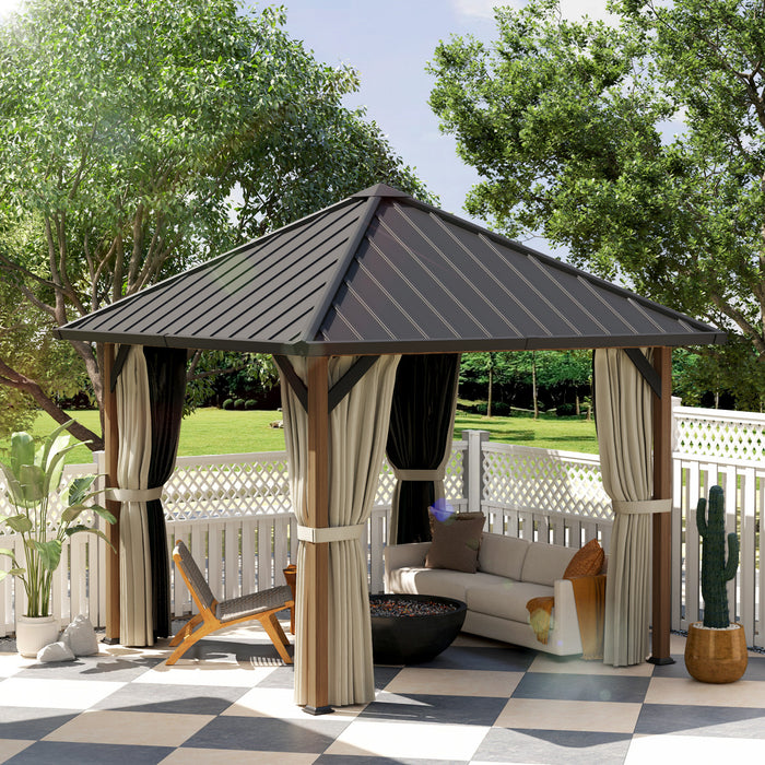 Outsunny Gazebo A Toit Rigide 10'x10' Avec Toit En Acier, Filet Et Rideaux