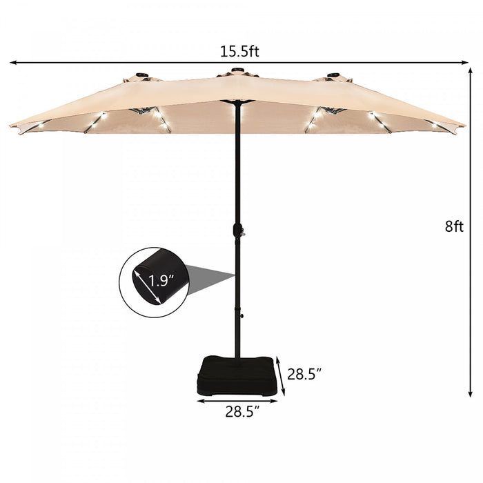 Costway Parasol de marche double-face solaire LED 15Ft Patio avec manivelle pied Beige