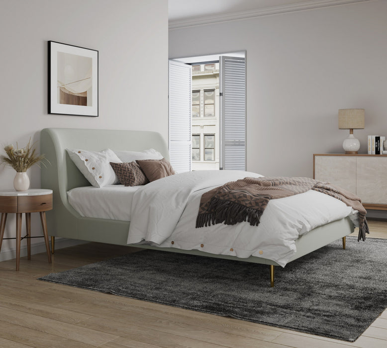 Lit Queen Heather style milieu du siecle moderne, rembourre en velours creme et or