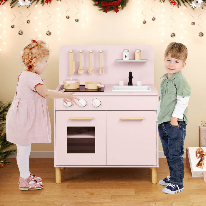 Costway Kids Kitchen Playset Avec Light Up Kitchen & Cooking Sounds Faucet D'evier De Four Rose