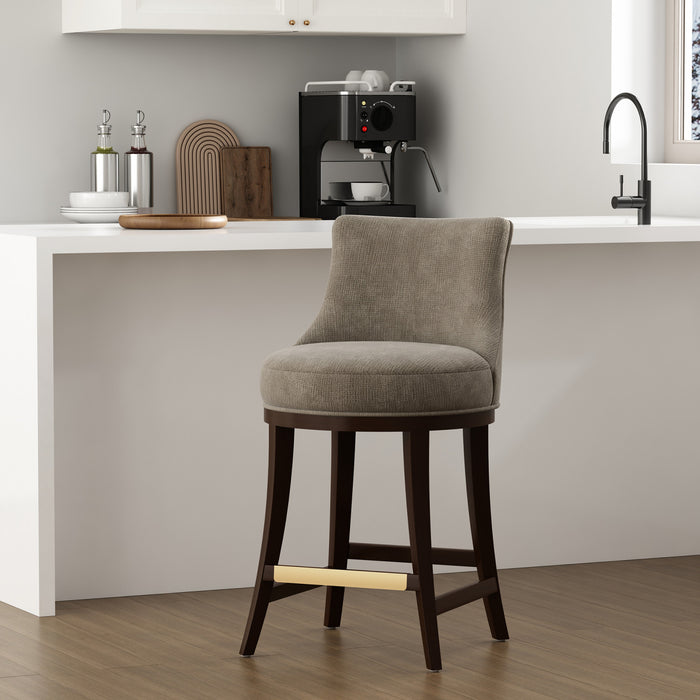Tabouret de comptoir moderne en bois Lucia avec assise en chenille taupe