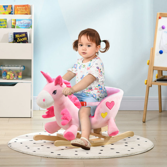 Qaba Cheval A Bascule Pour Bebe Avec Licorne Avec Chansons, Jouet A Bascule Avec Base En Bois, Ceinture De Securite Pour Enfants De 1.5 A 3 Ans, Rose