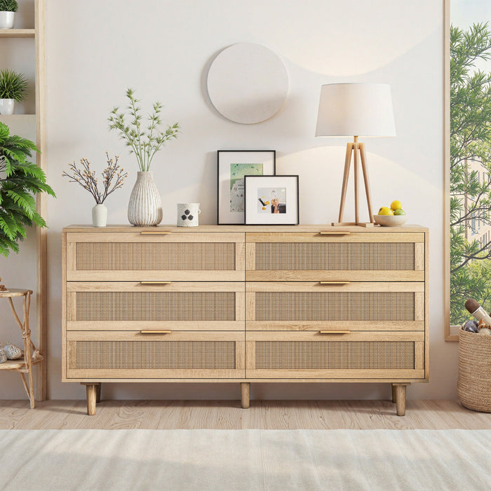 Meuble de rangement moderne Mila a 6 tiroirs en rotin avec structure en bois manufacture - couleur naturelle