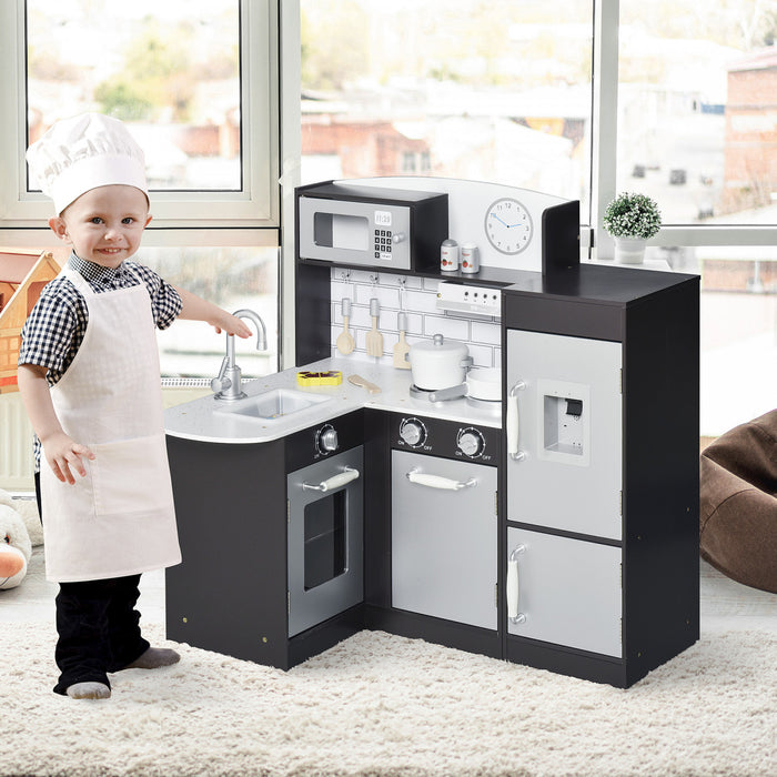 Qaba Ensemble De Jouets De Cuisine Pour Enfants Avec Fontaine A Boire, Micro-ondes Et Refrigerateur Avec Accessoires - Noir