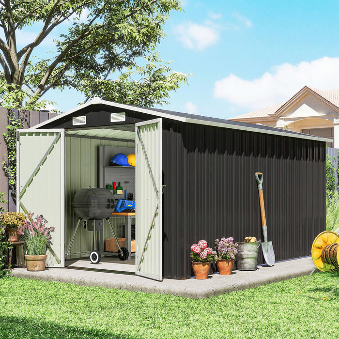 Outsunny Abri Metallique 12' x 10', Abri de Jardin Robuste Exterieur, Gris Fonce