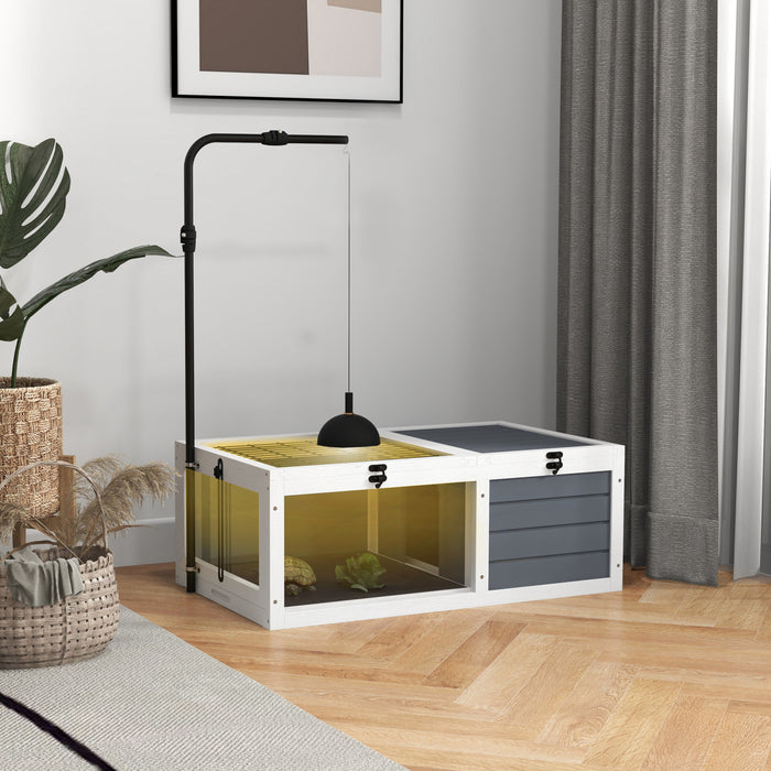 Pawhut Maison De La Tortue Habitat De Tortue En Bois Pour L'interieur Et L'exterieur Avec Support De Lampe Reglable, Couvercles Ouvrables, Plateaux Extractibles, Gris