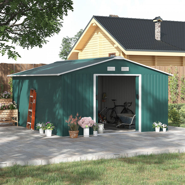 Outsunny 11.2ft X 12.5ft Abri De Jardin Remise Pour Outils Abri A Outils Double Porte Coulissante 4 Fentes De Ventilation, Vert