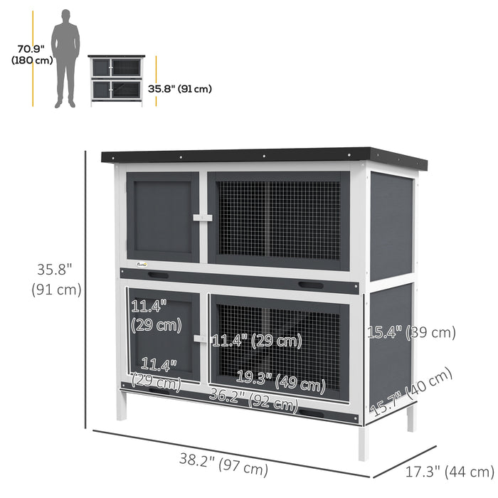 Pawhut Clapier En Bois Pour Lapins, Habitat Pour Petits Animaux Avec Rampe, Plateau Amovible Et Toit Resistant Aux Intemperies, Interieur/exterieur, Gris