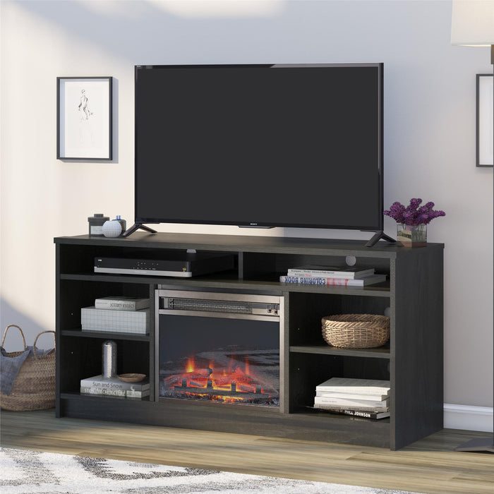 Meuble pour téléviseur Hendrix d’Ameriwood Home de 55 po avec foyer électrique et tablettes - chêne noir