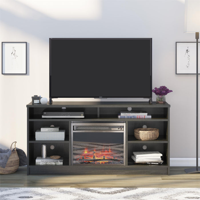 Meuble pour téléviseur Hendrix d’Ameriwood Home de 55 po avec foyer électrique et tablettes - chêne noir