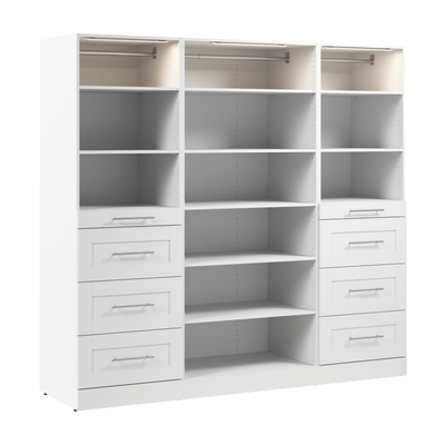 Bestar Florence 85" Modular Reach-In/Walk-In Closet System with LED Lights, Shelves and Drawers Shak|Système de garde-robe et pièce-penderie modulaire Florence de Bestar de 85 po avec éclairages à DEL,