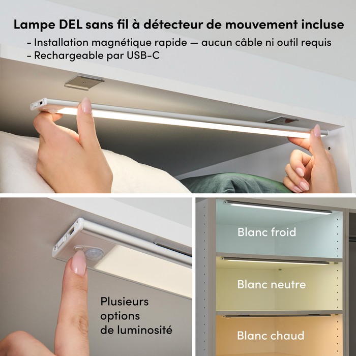 Système de pièce-penderie en forme de U modulaire Florence de Bestar de 113 po avec éclairages à DEL, tringles, tablettes, tiroirs et portes de style Shaker - blanc