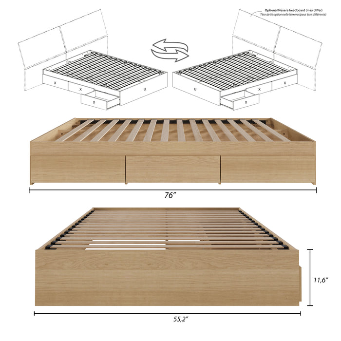 Lit plateforme double Nordika avec rangement - érable naturel