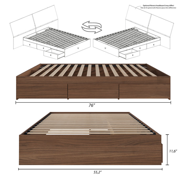 Lit plateforme double Nordika avec rangement - noyer