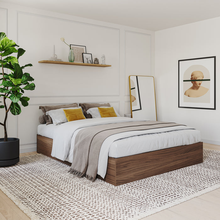 Grand lit plateforme Nordika avec rangement - noyer