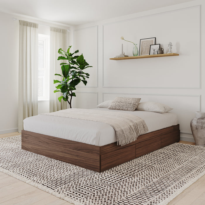 Grand lit plateforme Nordika avec rangement - noyer