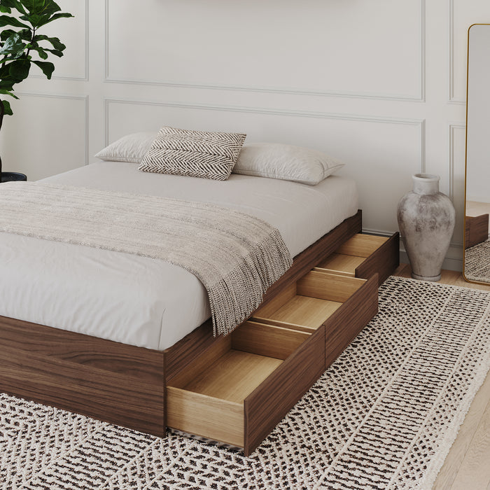 Grand lit plateforme Nordika avec rangement - noyer