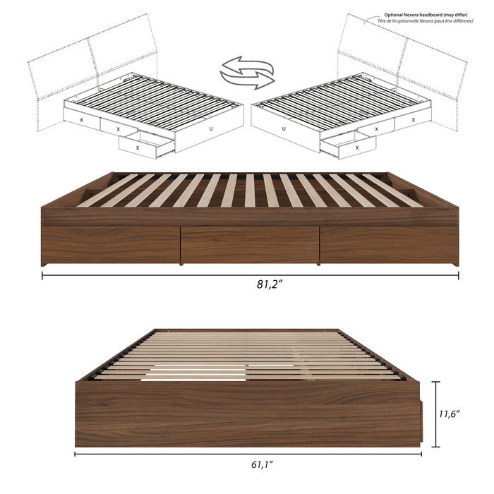 Grand lit plateforme Nordika avec rangement - noyer