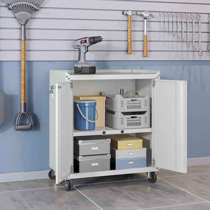 Armoire mobile Fortress de Manhattan Comfort de 31,5 po en métal texturé avec 2 tablettes réglables pour le garage - blanche