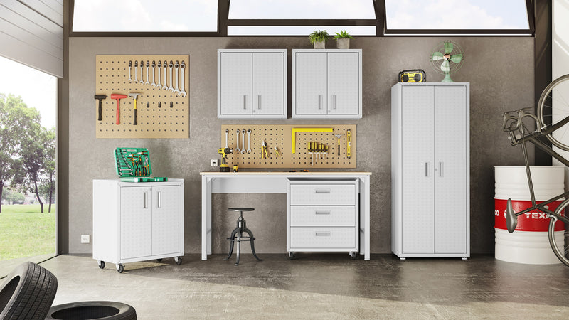Armoire mobile Fortress de Manhattan Comfort de 31,5 po en métal texturé avec 2 tablettes réglables pour le garage - blanche