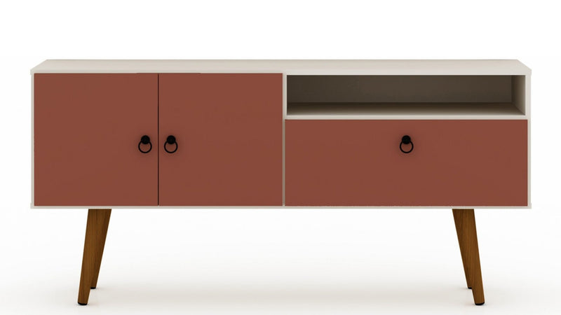 Meuble pour téléviseur Tribeca de Manhattan Comfort de 53,94 po de style moderne du milieu du 20e siècle avec pattes en bois massif - blanc cassé et rose orangé Terra