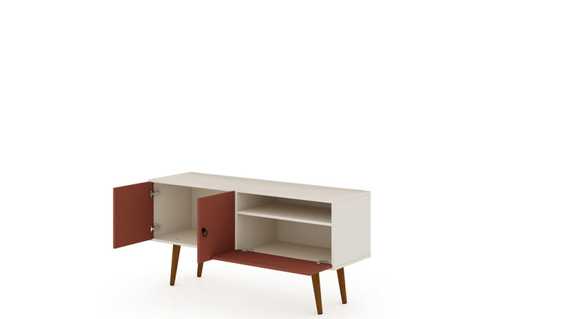 Meuble pour téléviseur Tribeca de Manhattan Comfort de 53,94 po de style moderne du milieu du 20e siècle avec pattes en bois massif - blanc cassé et rose orangé Terra